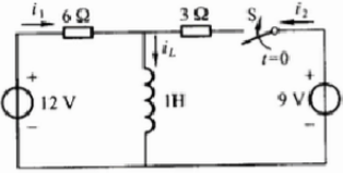 电路如图3－31所示，试用三要素法求t≥0时的i1，i2及iL。换路前电路处于稳态。电路如图3-31