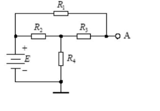 电路如图1－48所示，已知R1=1Ω，R2=3Ω，R3==4Ω，R4=4Ω，E=12V，求A点电位V