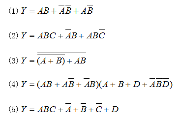 应用逻辑代数运算法则化简下列各式：  （1)  （2)  （3)  （4)  （5)应用逻辑代数运算