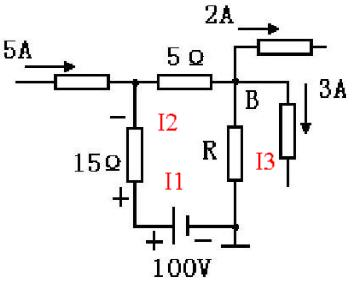 在图1－40中，如果15Ω电阻上的电压降为30V，其极性如图所示，试求电阻R及B点电位VB。在图1-