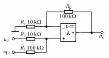 电路如题图所示，试求uo与ui1，ui2的关系式。电路如题图所示，试求输出电压uo与输入电压ui1，