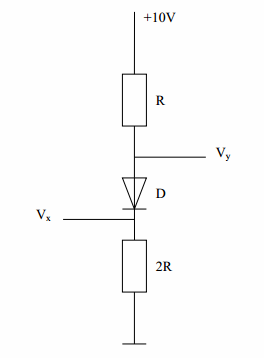 电路如图1.9所示，设D为硅二极管，试确定；二极管D是正偏还是反偏，计算VX和UY值。电路如图1.9