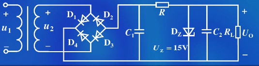 某稳压电源如题图所示，试问：（1) 输出电压Uo的极性和大小如何？（2) 电容器C1和C2的极性如何
