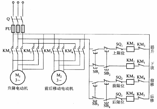 图10－12是电动葫芦（一种小型起重设备)的控制线路，试分析其工作过程。图10-12是电动葫芦(一种