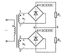 在图18.10所示的整流电路中，变压器二次侧电压有效值U1=20V，U2=50V；R1=100Ω，R