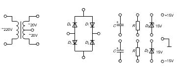 如何连接图18.22中的各个元器件以及接“地”符号才能得到对“地”为±15V的直流稳压电源，并写出其