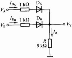 在图14.17所示电路中，试求下列几种情况下输出端电位VY及各元件中通过的电流：    （1)VA=
