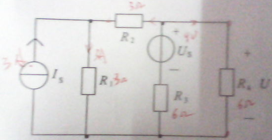 试用叠加定理求题如图所示电路中的电压U。已知IS=3A，US=9V，R1=R2=3Ω，R3=R4=6