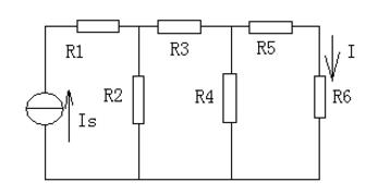 题如图所示电路中，Is=52.5A，R1=R3=R5=10Ω，R2=R4=R6=20Ω，求电流，I。