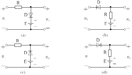在下图的各个电路中，已知E=5V，ui=10sin（ωt)V，二极管的正向压降可以忽略不计，试分别画