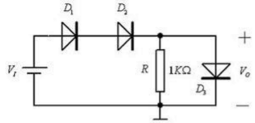在下图中，设硅二极管导通时的正向压降为0.7V，试求当开关S分别接通a，b，c时的d点电位Ud和电流