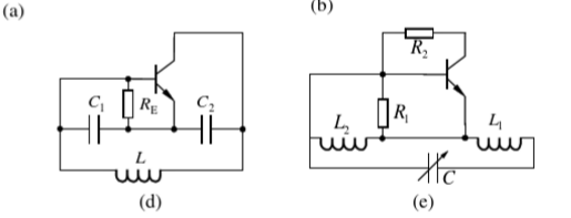用相位条件判断图所示各电路能否产生振荡。若能，写出振荡频率表达式。