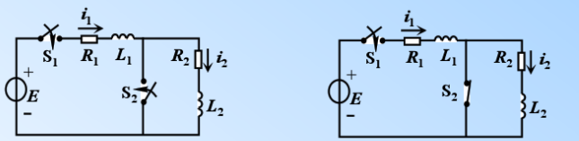 在题如图所示电路中，L1=0.01H，L2=0.02H，R1=2Ω，R2=1Ω，us=6V。试求：（
