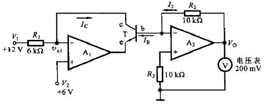 由运放组成的三极管电流放大系数β的测试电路如题A－29图所示，设UBE= 0.7V，Ri=6kΩ，R