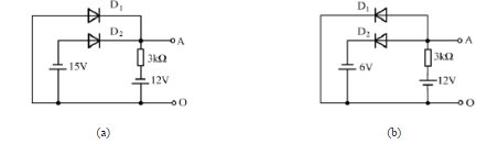 硅二极管电路如题图1.1(a)和(b)所示，试判断图中二极管是导通还是截止，并求出AB两端的电压UA