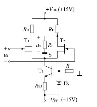 由N沟道耗尽型场效应管构成的差动放大电路如图6－16所示。VT1、VT2特性相同，饱和电流IDSS=