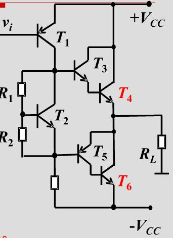 某功放电路如下图所示，由T1，T2复合管组成电压放大级，R1，R2和T3组成UBE倍增电路，以保证减