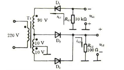 电路参数如题8－9图所示，图中标出了变压器副边电压（有效值)和负载电阻值，若忽略二极管的正向压降和变