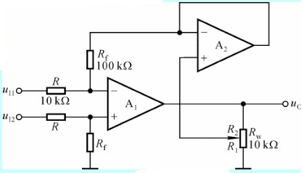 电路如题7－9图所示。  （1) 写出Uo与UI1、UI2的运算关系式；  （2) 当Rw的滑动端在