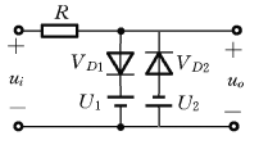 二极管的双向限幅电路如图1－7（a)所示。设ui为峰值大于直流电源U1（=－U2)值的正弦波，二极管