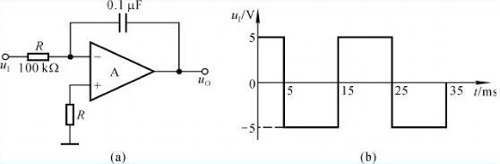 在题7－11图（a)所示电路中，已知输入电压uI的波形如题7－11图（b)所示，当t=0时uO=0。