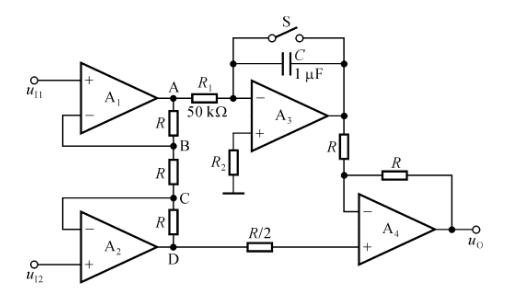 在题7－14图所示电路中，已知uI1=4V，uI2=1V。回答下列问题：  （1) 当开关S闭合时，