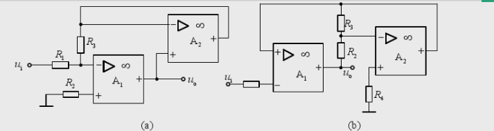 题A－4图是两个反馈放大电路。试指出在这两个电路中，分别由哪些元器件组成了放大通路？哪些元器件组成了