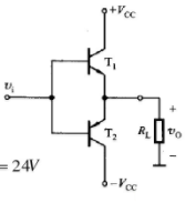 在题4－7图所示电路中，设ui为正弦波，RL=8Ω，要求最大输出功率Pom=9W。试求在BJT的饱和