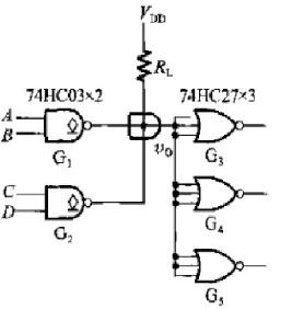 在图3.9所示电路中，G1和G2是两个OD输出结构的与非门74HC03。74HC03输出端MOS管截