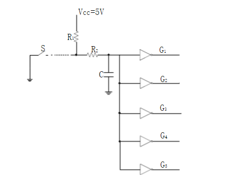 在图3.21所示电路中R1、R2和C构成输入滤波电路。当开关S闭合时，要求门电路的输入电压VIL≤0