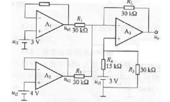 由理想运放组成的电路如下图所示，输入信号为ui，试写出uo1，uo2和uo的表达式。由理想运放组成的
