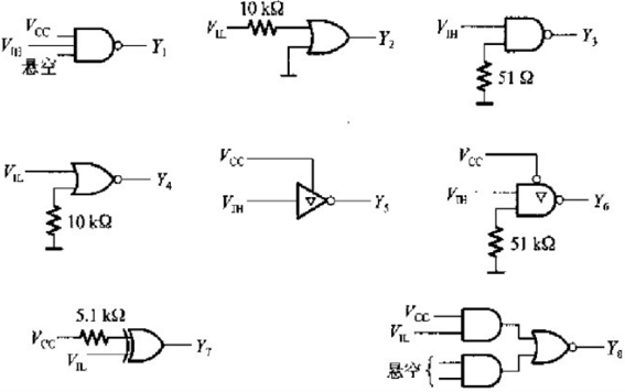 指出图3.14中各门电路的输出是什么状态（高电平、低电平或高阻态)。已知这些门都是74系列TTL电路