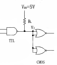如图题2.10所示是用TTL电路驱动CMOS电路的实例，试计算上拉电阻RL的取值范围。TTL与非门输