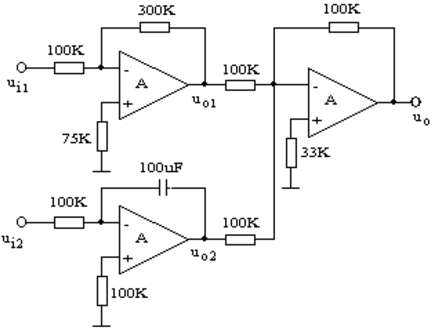 在下图所示电路中，A1，A2，A3均为理想运放，试求出uo1，uo2和uo的运算关系式。在下图所示电