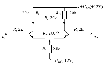 由差动放大电路和理想集成运放组成的电路如下图所示，已知两晶体管的参数β1=β2=100，rbe1=r