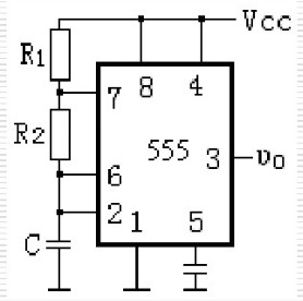 在图题6.23用555定时器组成的多谐振荡器电路中，若R1= R2=5.1kΩ，C=0.01μF，V