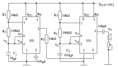 图是由两片555定时器接成的扬声器发音电路。当VCC=12V时，555定时器输出的高、低电平分别是1