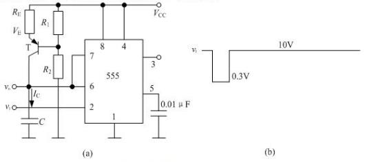 由555定时器和三极管组成的电路如图题6.25所示。图中VCC=15V,R1=5kΩ，R2=10kΩ