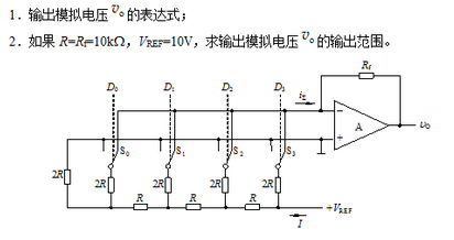 如图所示，电路是4位倒T型电阻网络D／A转换器。模拟开关S由输入数码Di控制（i=0，1，2，3)。