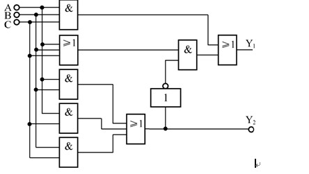 写出图1.2.55所示的逻辑电路的逻辑函数式，并化简为最简与或式。    