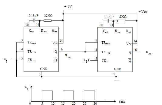 图10.11.1是用两个集成单稳态触发器74121所组成的脉冲变换电路，外接电阻和外接电容的参数如图