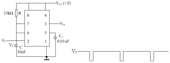 用555定时器构成的定时电路和输入波形U1如图所示，试画出对应电容上的电压UC和输出电压U0的工作波