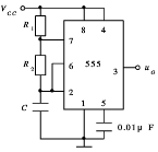 图所示为555定时器构成的多谐振荡器，已知Vcc=10V、C=0.1μF，R1=20kΩ,R2=80