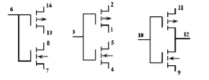 CMOS芯片4007的内部电路如图T3.5－1所示，请用4007电路分别接成：    （1)3反相器