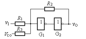 图10.13.1是用CMOS反相器组成的对称式多谐振荡器。若RF1=RF2=10kΩ，C1=C2=0