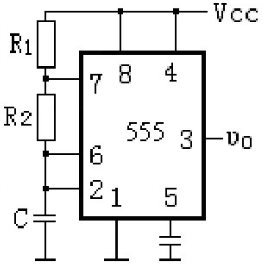 在图所示的用555定时器组成的多谐振荡器电路中，若R1=R2=5.1kΩ、C=0.01μF、Vcc=
