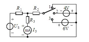 电路如图（a)所示，当开关S在位置“1”时，毫安表的读数为40mA；当开关S在位置“2”时，毫安表的