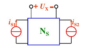 图中N为含源线性电阻网络。当Is1=0，Is2=0时，Ux=－20V；当Is1=8A，Is2=12A