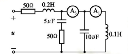 在图所示电路中，正弦电压u的有效值U=200V，电流表的读数为零。求电流表的读数。在图所示电路中，正