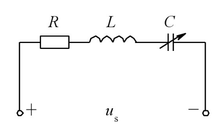 某收音机输入接收回路的等效电路如图所示。已知R=6Ω，L=300μH，C为可调电容。广播电台信号Us